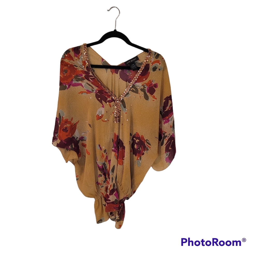 Lane Bryant gold, red, and green blouse. Gold sequins outline the collar.